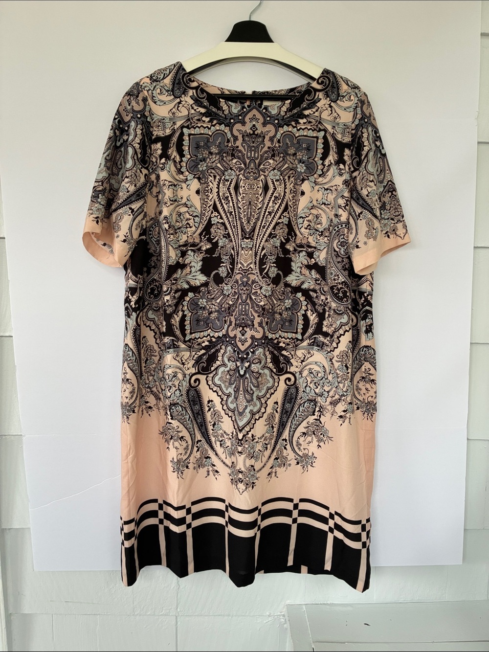 Chico's Blush Pink & Black Paisley Scarf Print Shift Dress Size 3 XL